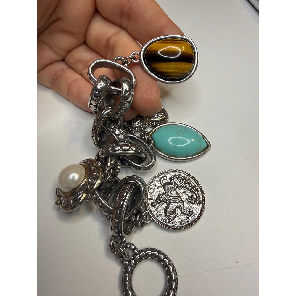 Silver Tone Multi Charm Bracelet Coin Pearl Turquoise Tigers Eye Toggle Clasp
